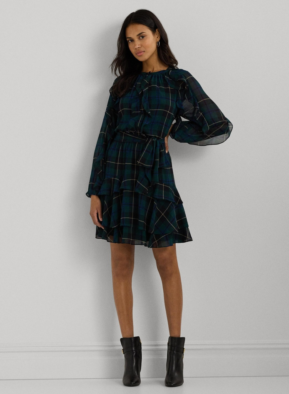 Lauren Ralph Lauren Plaid Ruffle Trim Georgette Dress Multi Size 14 New/Defect